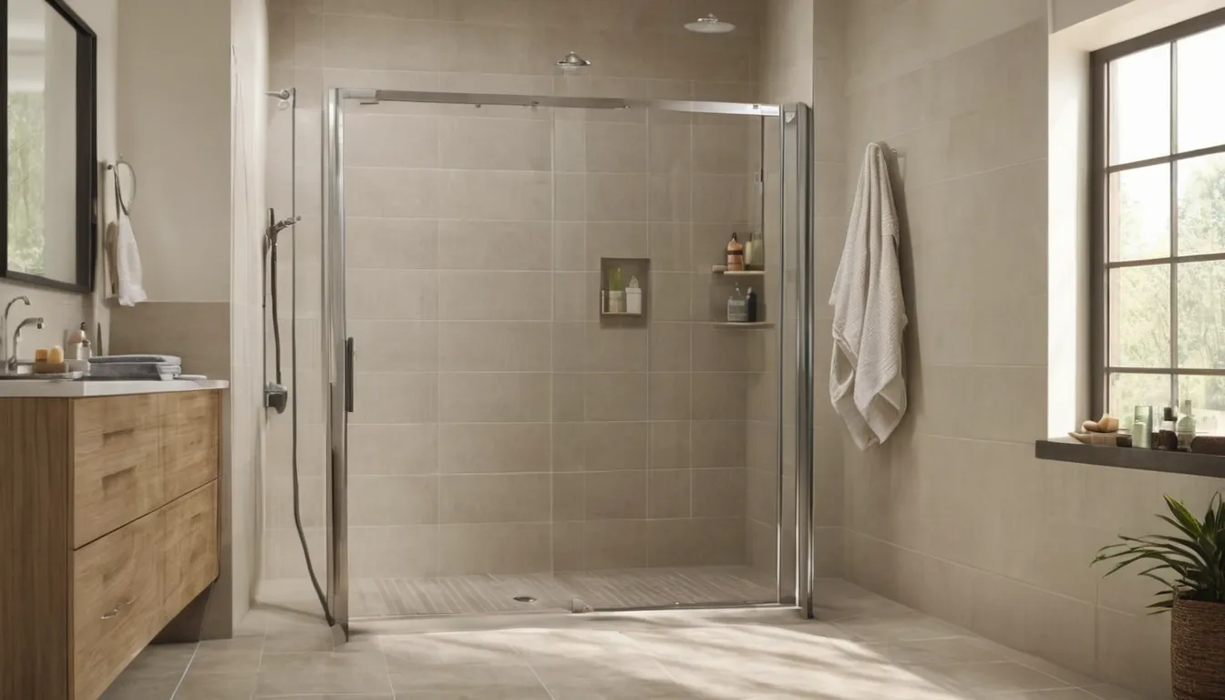 Smiling homeowner stepping into a bright, low-threshold walk-in shower in a East Bethel home